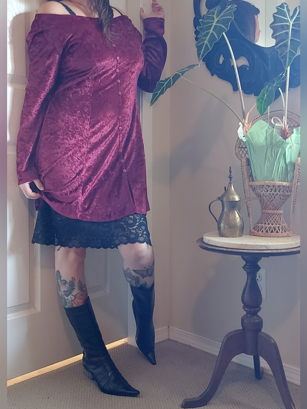 Velvet Button-Front Burgundy Dress